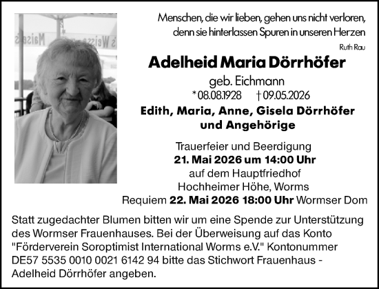 Traueranzeige von Adelheid Maria Dörrhöfer von Wormser Zeitung