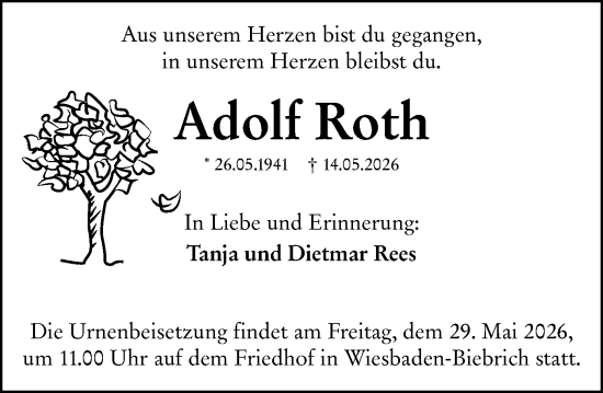Traueranzeige von Adolf Roth von Wiesbadener Kurier