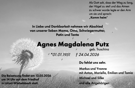 Traueranzeige von Agnes Magdalena Putz von Odenwälder Echo