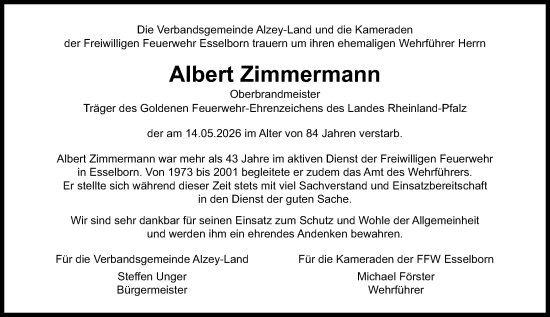 Traueranzeige von Albert Zimmermann von Allgemeine Zeitung Alzey
