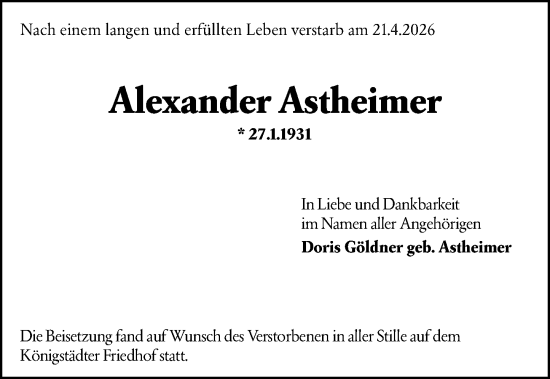 Traueranzeige von Alexander Astheimer von Rüsselsheimer Echo