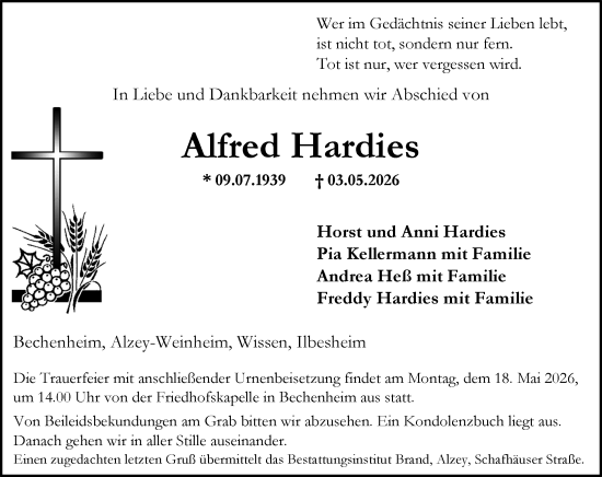 Traueranzeige von Alfred Hardies von Allgemeine Zeitung Alzey