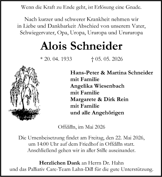 Traueranzeige von Alois Schneider von Dill Block