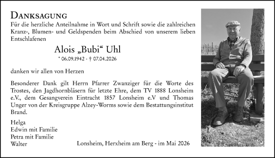 Traueranzeige von Alois Uhl von Allgemeine Zeitung Alzey