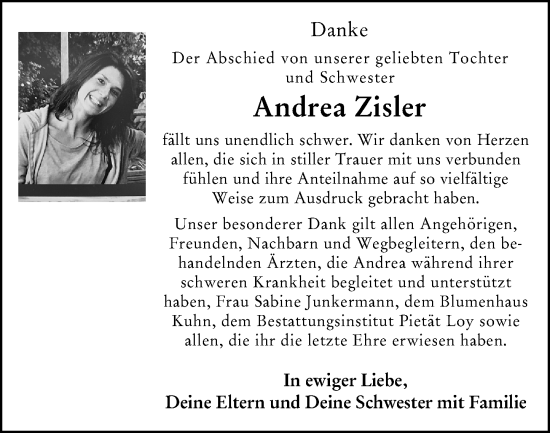 Traueranzeige von Andrea Zisler von Wiesbadener Kurier