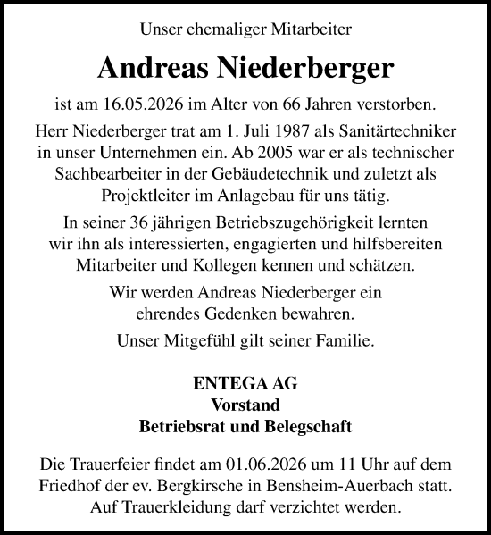 Traueranzeige von Andreas Niederberger von Odenwälder Echo