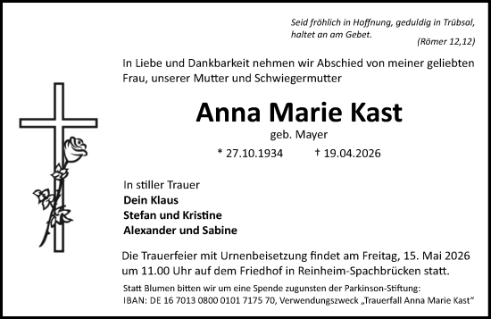 Traueranzeige von Anna Marie Kast von Darmstädter Echo