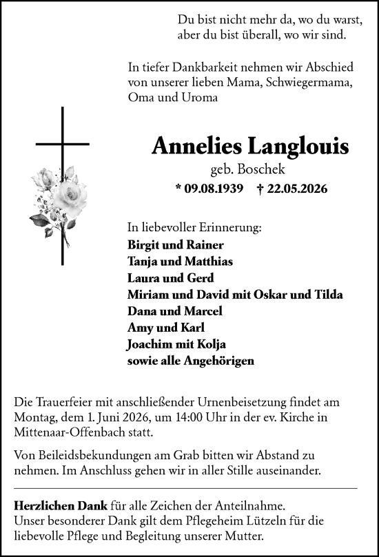Traueranzeige von Annelies Langlouis von Dill Block