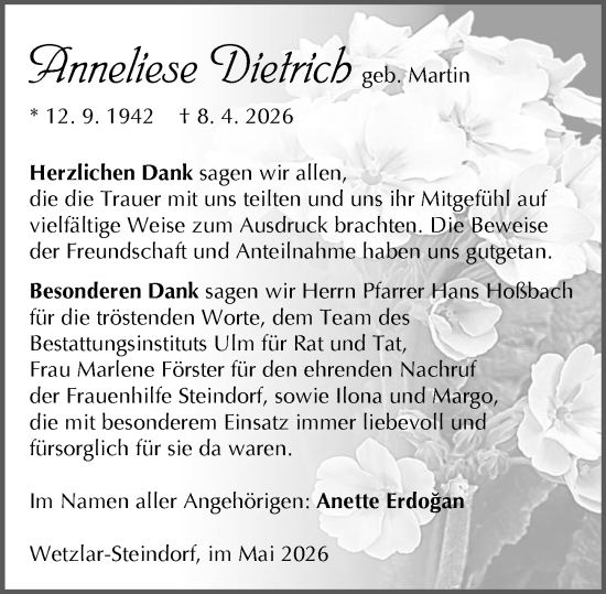 Traueranzeige von Anneliese Dietrich von Wetzlarer Neue Zeitung