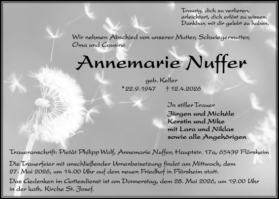 Traueranzeige von Annemarie Nuffer von Rüsselsheimer Echo