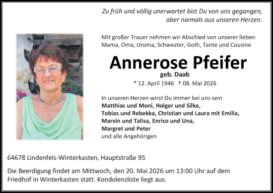 Traueranzeige von Annerose Pfeifer von Bergsträßer Anzeiger