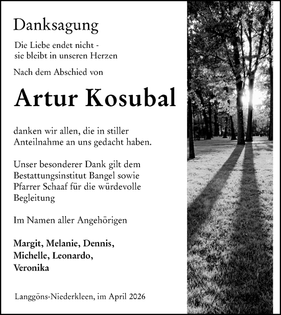 Traueranzeige von Artur Kosubal von Wetzlarer Neue Zeitung