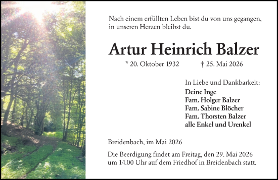 Traueranzeige von Artur Heinrich Balzer von Hinterländer Anzeiger