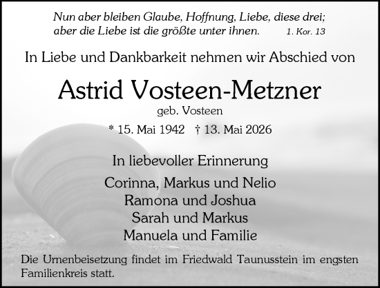 Traueranzeige von Astrid Vosteen-Metzner von Wiesbadener Kurier