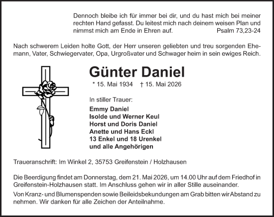 Traueranzeige von Günter Daniel von Wetzlarer Neue Zeitung 