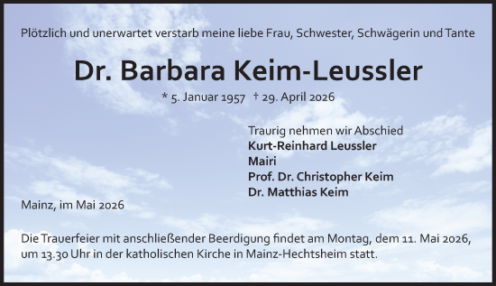 Traueranzeige von Barbara Keim-Leussler von Allgemeine Zeitung Mainz