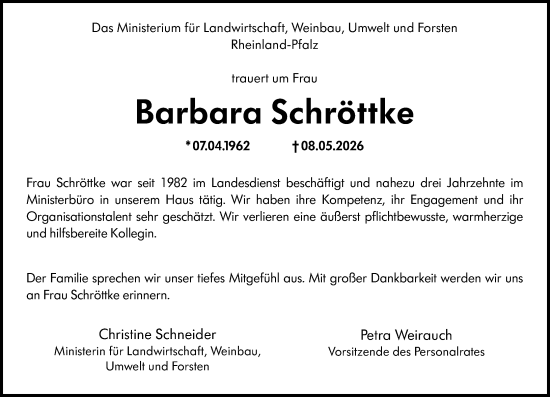 Traueranzeige von Barbara Schröttke von Allgemeine Zeitung Mainz