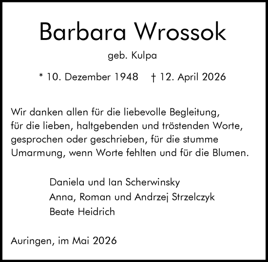 Traueranzeige von Barbara Wrossok von Wiesbadener Kurier