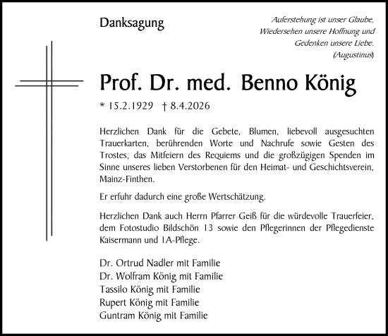 Traueranzeige von Benno König von Allgemeine Zeitung Mainz