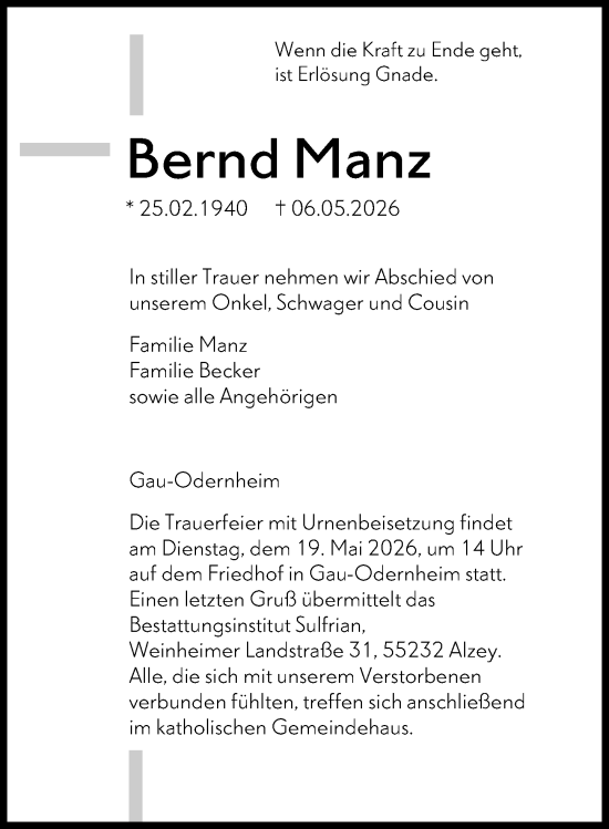 Traueranzeige von Bernd Manz von Allgemeine Zeitung Alzey