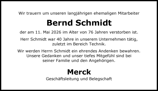 Traueranzeige von Bernd Schmidt von Darmstädter Echo