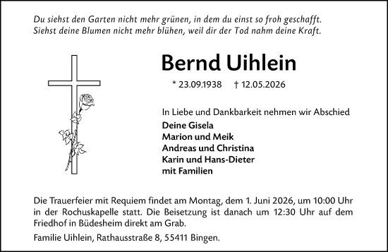 Traueranzeige von Bernd Uihlein von Binger-/Ingelheimer Wochenblatt