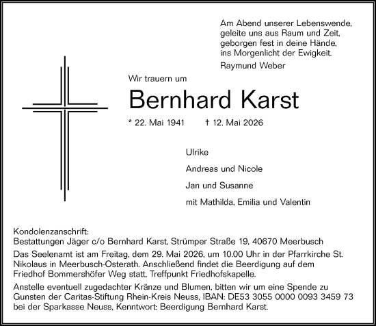 Traueranzeige von Bernhard Karst von Allgemeine Zeitung Mainz
