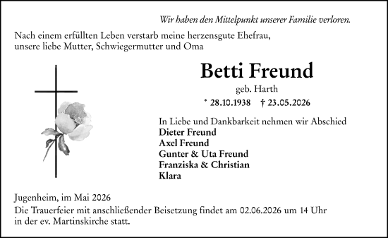 Traueranzeige von Betti Freund von Allgemeine Zeitung Mainz