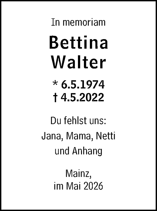 Traueranzeige von Bettina Walter von Allgemeine Zeitung Mainz
