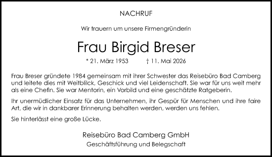 Traueranzeige von Birgid Breser von Camberger Anzeiger