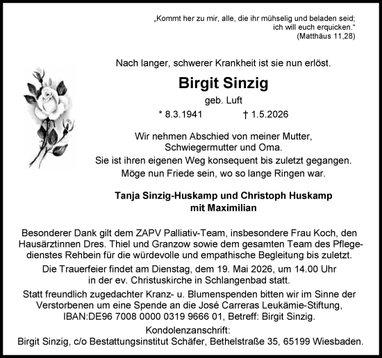 Traueranzeige von Birgit Sinzig von Wiesbadener Kurier