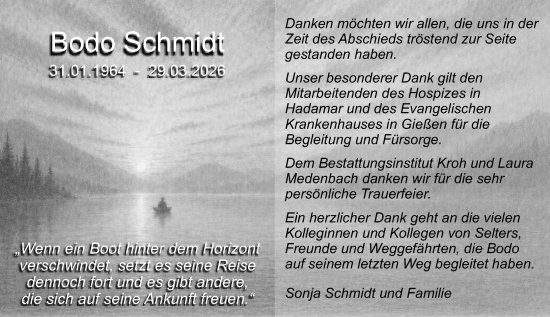Traueranzeige von Bodo Schmidt von Weilburger Tageblatt
