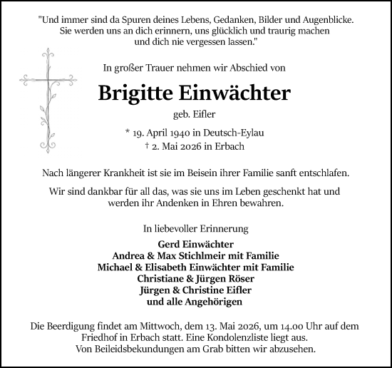 Traueranzeige von Brigitte Einwächter von Odenwälder Echo