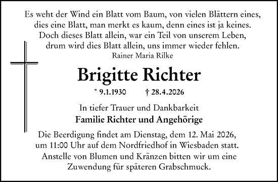 Traueranzeige von Brigitte Richter von Wiesbadener Kurier