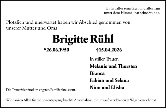 Traueranzeige von Brigitte Rühl von Wetzlarer Neue Zeitung