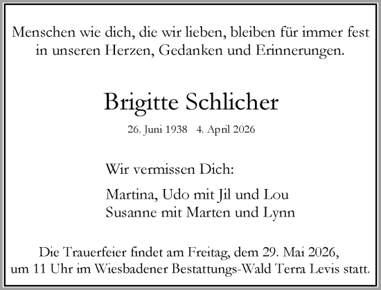 Traueranzeige von Brigitte Schlicher von Wiesbadener Kurier