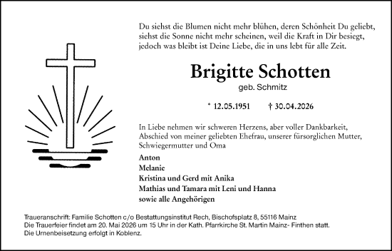 Traueranzeige von Brigitte Schotten von Allgemeine Zeitung Mainz