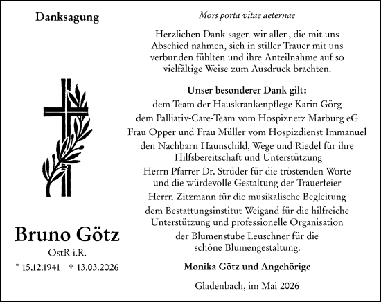 Traueranzeige von Bruno Götz von Hinterländer Anzeiger