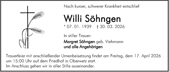 Traueranzeige von Willi Söhngen von Wetzlarer Neue Zeitung