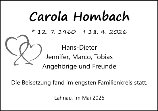 Traueranzeige von Carola Hombach von Wetzlarer Neue Zeitung