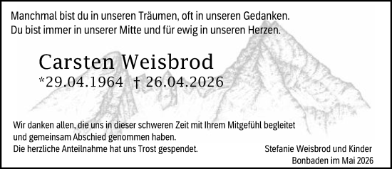 Traueranzeige von Carsten Weisbrod von Wetzlarer Neue Zeitung