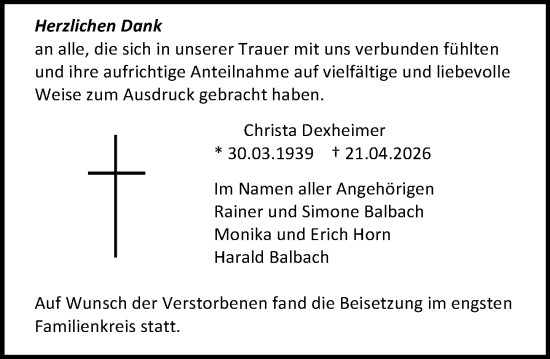 Traueranzeige von Christa Dexheimer von Allgemeine Zeitung Mainz