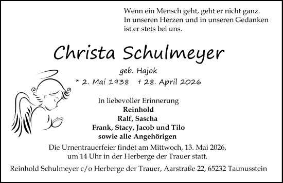Traueranzeige von Christa Schulmeyer von Wiesbadener Kurier