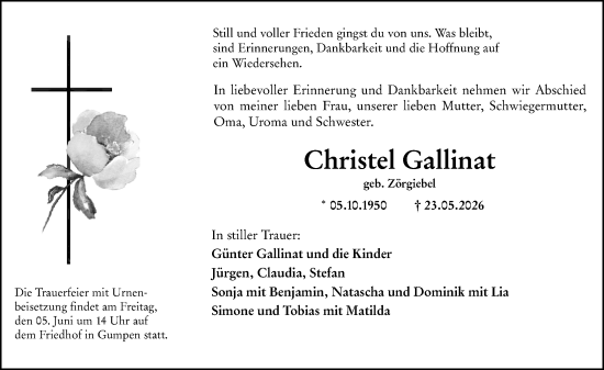 Traueranzeige von Christel Gallinat von Odenwälder Echo