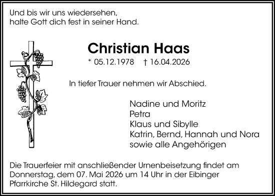 Traueranzeige von Christian Haas von Rheingau Kurier