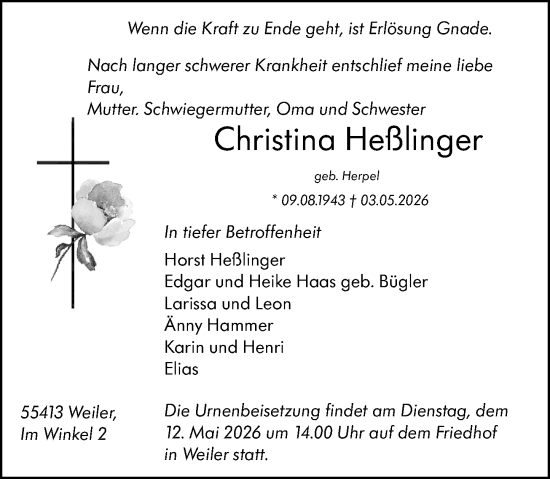 Traueranzeige von Christina Heßlinger von Binger-/Ingelheimer Wochenblatt