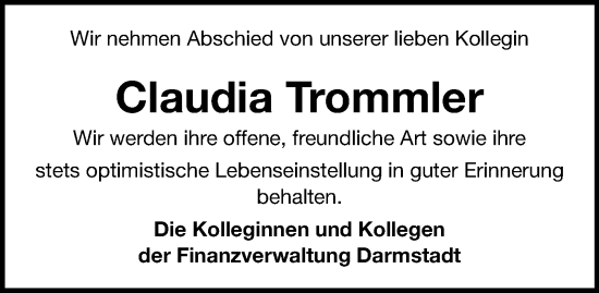 Traueranzeige von Claudia Trommler von Darmstädter Echo