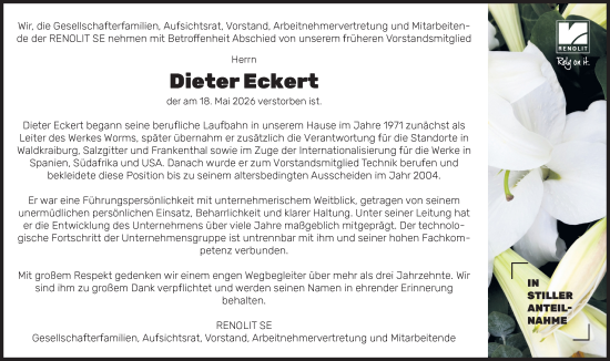 Traueranzeige von Dieter Eckert von Wormser Zeitung