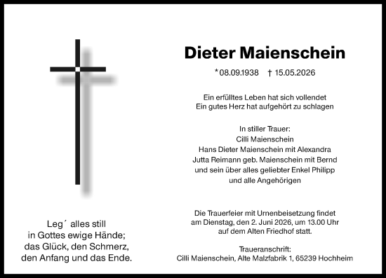 Traueranzeige von Dieter Maienschein von Hochheimer Zeitung