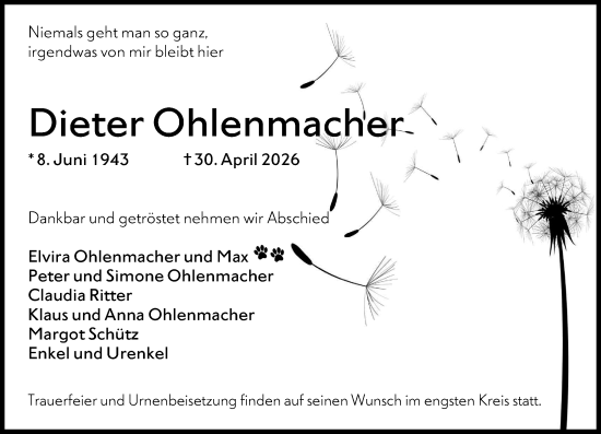 Traueranzeige von Dieter Ohlenmacher von Idsteiner Land/Untertaunus